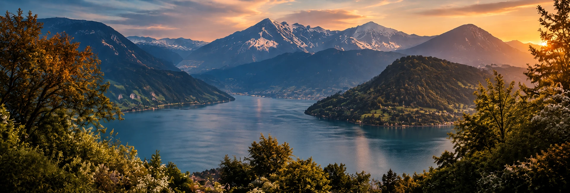 Panorama von Interlaken mit Thunersee und Berner Alpen im Sonnenuntergang